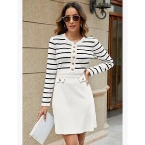 MEROKEETY Women's Long Sleeve White Striped Sweater Dress Gold Button Crewneck
